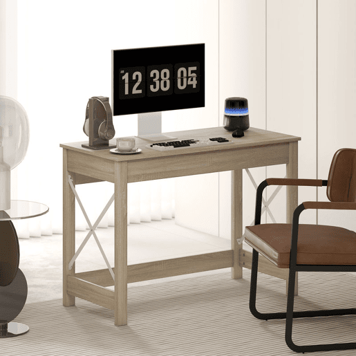 HOMCOM Secretária Moderna Mesa de Estudo com Estrutura de Aço Mesa de Computador 105x50x76 cm Madeira e Branco
