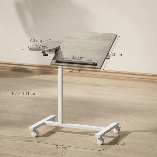 HOMCOM Mesa Auxiliar com Rodas Mesa para Sofá com Altura Ajustável Superfície Inclinável e Estrutura de Metal para Quarto Sala de Estar Escritório 57x40x67,5-101 cm Carvalho e Branco HOMCOM Mesa Auxiliar com Rodas Mesa para Sofá com Altura Ajustável Superfície Inclinável e Estrutura de Metal para Quarto Sala de Estar Escritório 57x40x67,5-101 cm Carvalho e Branco