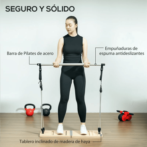 SPORTNOW Barra de Pilates Conjunto de Pilates com 6 Faixas Elásticas Tábua Inclinada Ajustável para Treino de Corpo Inteiro em Casa 90x33x3 cm Cinza