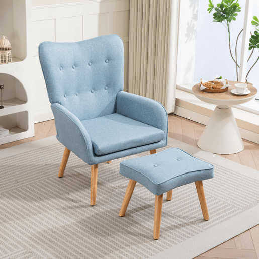 HOMCOM Poltrona com Apoio para Pés Poltrona de Leitura com Encosto Alto Capitonê Pés de Madeira e Revestimento em Linho Cadeira para Sala Quarto Escritório 70x72x94 cm Azul Claro