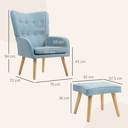 HOMCOM Poltrona com Apoio para Pés Poltrona de Leitura com Encosto Alto Capitonê Pés de Madeira e Revestimento em Linho Cadeira para Sala Quarto Escritório 70x72x94 cm Azul Claro