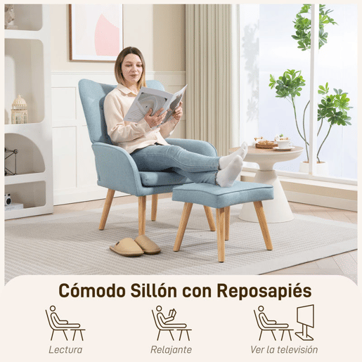 HOMCOM Poltrona com Apoio para Pés Poltrona de Leitura com Encosto Alto Capitonê Pés de Madeira e Revestimento em Linho Cadeira para Sala Quarto Escritório 70x72x94 cm Azul Claro