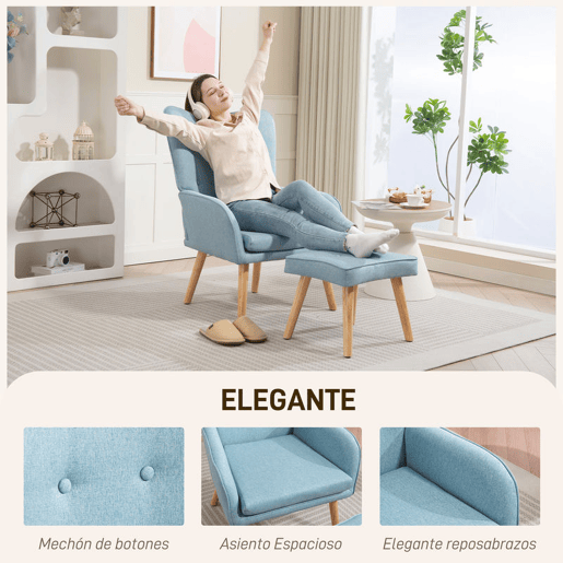 HOMCOM Poltrona com Apoio para Pés Poltrona de Leitura com Encosto Alto Capitonê Pés de Madeira e Revestimento em Linho Cadeira para Sala Quarto Escritório 70x72x94 cm Azul Claro