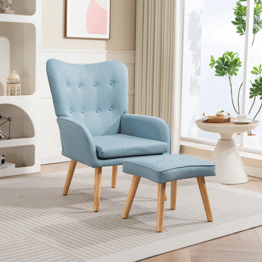 HOMCOM Poltrona com Apoio para Pés Poltrona de Leitura com Encosto Alto Capitonê Pés de Madeira e Revestimento em Linho Cadeira para Sala Quarto Escritório 70x72x94 cm Azul Claro