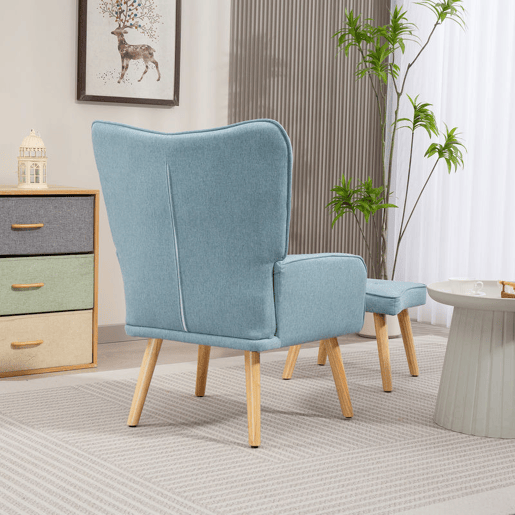HOMCOM Poltrona com Apoio para Pés Poltrona de Leitura com Encosto Alto Capitonê Pés de Madeira e Revestimento em Linho Cadeira para Sala Quarto Escritório 70x72x94 cm Azul Claro