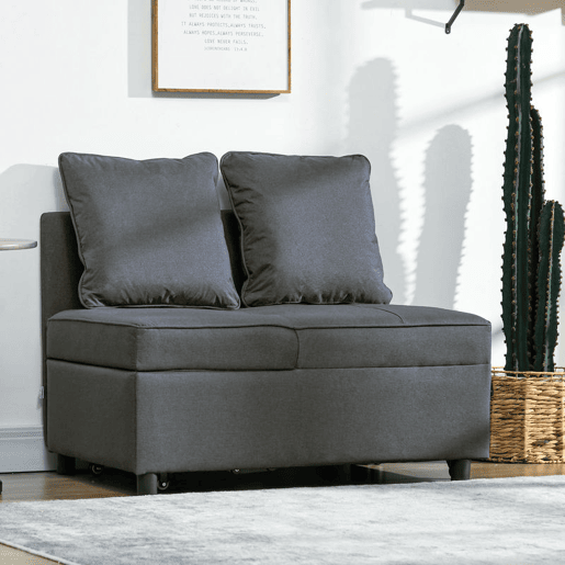 HOMCOM Sofá Cama 3 em 1 Sofá de 2 Lugares com Encosto Ajustável Sofá Cama Individual com Almofadas para Dormitório Sala de Estar 65x98x69 cm Cinzento