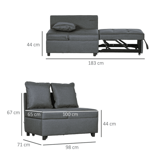 HOMCOM Sofá Cama 3 em 1 Sofá de 2 Lugares com Encosto Ajustável Sofá Cama Individual com Almofadas para Dormitório Sala de Estar 65x98x69 cm Cinzento