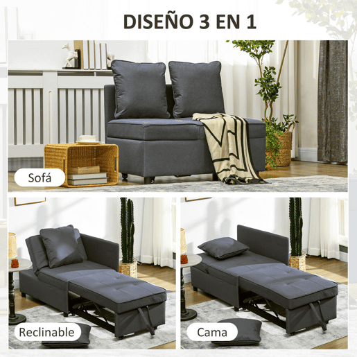 HOMCOM Sofá Cama 3 em 1 Sofá de 2 Lugares com Encosto Ajustável Sofá Cama Individual com Almofadas para Dormitório Sala de Estar 65x98x69 cm Cinzento