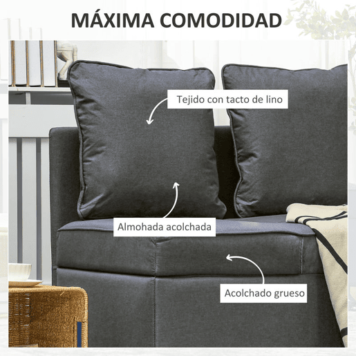 HOMCOM Sofá Cama 3 em 1 Sofá de 2 Lugares com Encosto Ajustável Sofá Cama Individual com Almofadas para Dormitório Sala de Estar 65x98x69 cm Cinzento