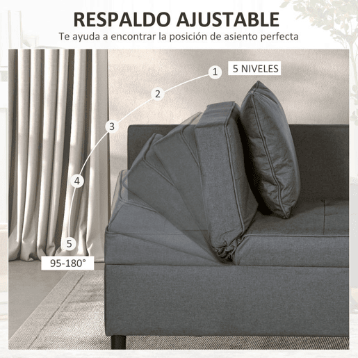 HOMCOM Sofá Cama 3 em 1 Sofá de 2 Lugares com Encosto Ajustável Sofá Cama Individual com Almofadas para Dormitório Sala de Estar 65x98x69 cm Cinzento