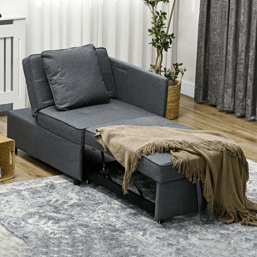 HOMCOM Sofá Cama 3 em 1 Sofá de 2 Lugares com Encosto Ajustável Sofá Cama Individual com Almofadas para Dormitório Sala de Estar 65x98x69 cm Cinzento