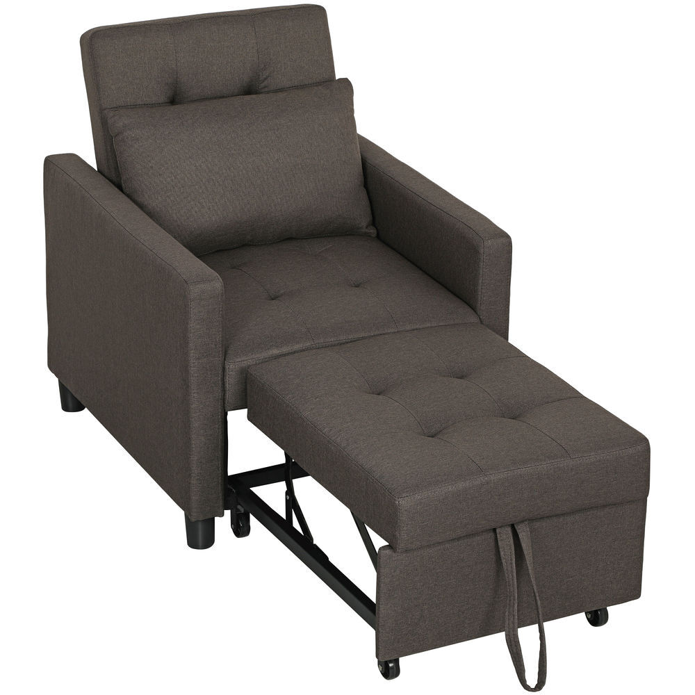 Homcom sofá cama de 1 plaza 3 en 1, sillón cama tapizado en lino, con respaldo ajustable de 3 niveles, almohada acolchada, para oficina, dormitorio, salón, 69x82,5x84 cm, marrón oscuro