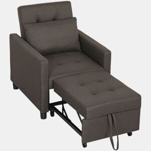 HOMCOM Sofá Cama Individual Poltrona com 4 Rodas Encosto Reclinável Almofada Extra e Assento Acolchoado Carga 100 kg para Escritório Dormitório Sala de Estar 69x82,5x84 cm Cinzento