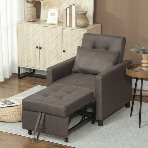 HOMCOM Sofá Cama Individual Poltrona com 4 Rodas Encosto Reclinável Almofada Extra e Assento Acolchoado Carga 100 kg para Escritório Dormitório Sala de Estar 69x82,5x84 cm Cinzento