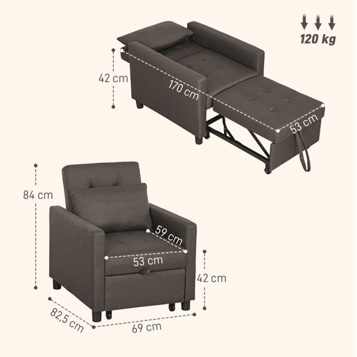HOMCOM Sofá Cama Individual Poltrona com 4 Rodas Encosto Reclinável Almofada Extra e Assento Acolchoado Carga 100 kg para Escritório Dormitório Sala de Estar 69x82,5x84 cm Cinzento