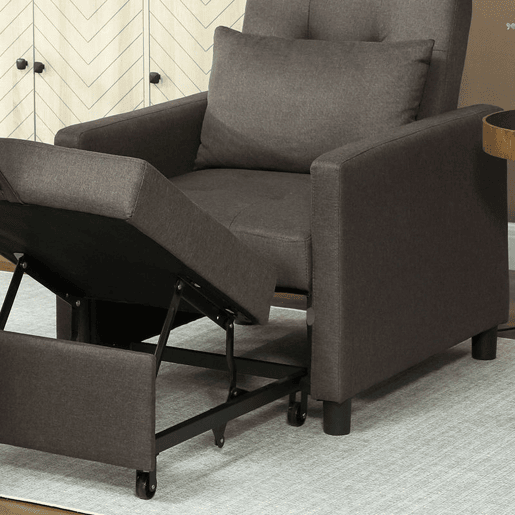 HOMCOM Sofá Cama Individual Poltrona com 4 Rodas Encosto Reclinável Almofada Extra e Assento Acolchoado Carga 100 kg para Escritório Dormitório Sala de Estar 69x82,5x84 cm Cinzento