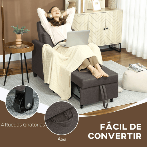 HOMCOM Sofá Cama Individual Poltrona com 4 Rodas Encosto Reclinável Almofada Extra e Assento Acolchoado Carga 100 kg para Escritório Dormitório Sala de Estar 69x82,5x84 cm Cinzento