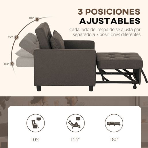 HOMCOM Sofá Cama Individual Poltrona com 4 Rodas Encosto Reclinável Almofada Extra e Assento Acolchoado Carga 100 kg para Escritório Dormitório Sala de Estar 69x82,5x84 cm Cinzento