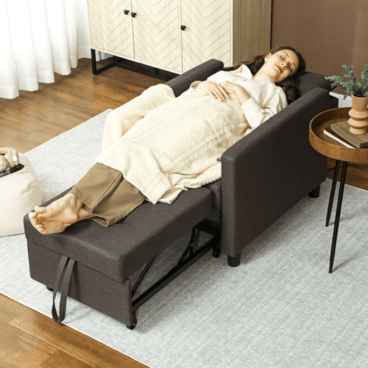 HOMCOM Sofá Cama Individual Poltrona com 4 Rodas Encosto Reclinável Almofada Extra e Assento Acolchoado Carga 100 kg para Escritório Dormitório Sala de Estar 69x82,5x84 cm Cinzento