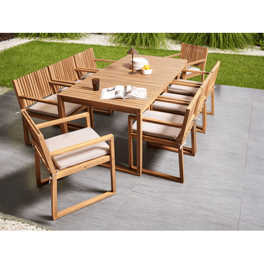Conjunto de refeições de jardim 8 lugares SASSARI PREMIUM com almofadas Madeira de Acácia certificada Taupe