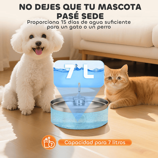 PawHut Fonte para Gatos em Aço Inoxidável 7L Bebedouro para Gatos Silencioso Fonte de Água para Animais Automática com Sistema de Filtros Luz LED e Bomba Super Silenciosa 30,5x31,2x19,3 cm Prata