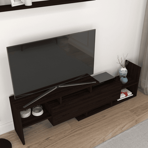 Mesa para TV Liksefte com prateleira de parede 154x28x42 cm preto en.casa