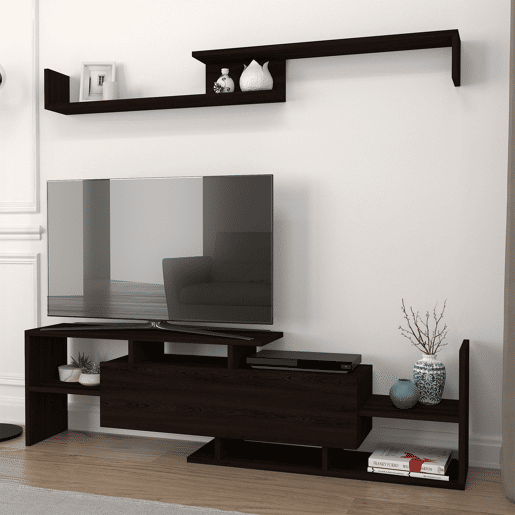 Mesa para TV Liksefte com prateleira de parede 154x28x42 cm preto en.casa
