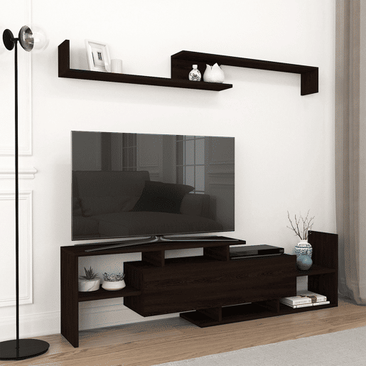 Mesa para TV Liksefte com prateleira de parede 154x28x42 cm preto en.casa