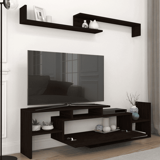 Mesa para TV Liksefte com prateleira de parede 154x28x42 cm preto en.casa