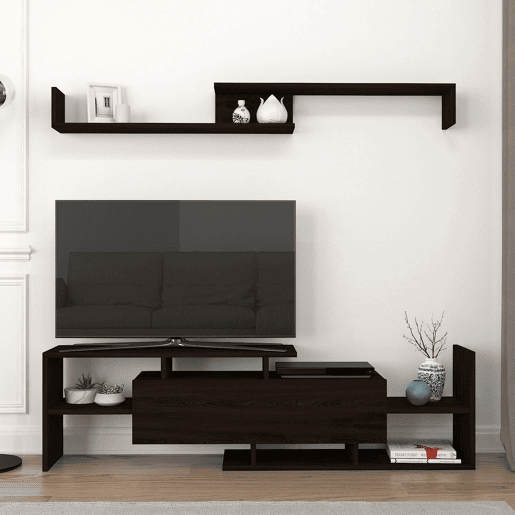 Mesa para TV Liksefte com prateleira de parede 154x28x42 cm preto en.casa