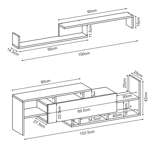Mesa para TV Liksefte com prateleira de parede 154x28x42 cm preto en.casa