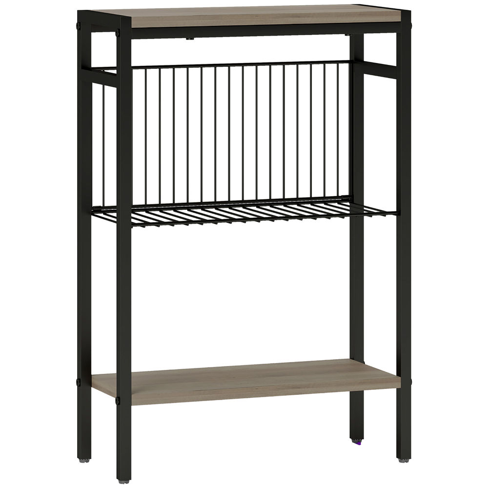 Homcom mesa auxiliar estrecha de 3 niveles mesita auxiliar industrial con estantes abiertos y estructura de acero para salón dormitorio 43x18x62,5 cm roble envejecido