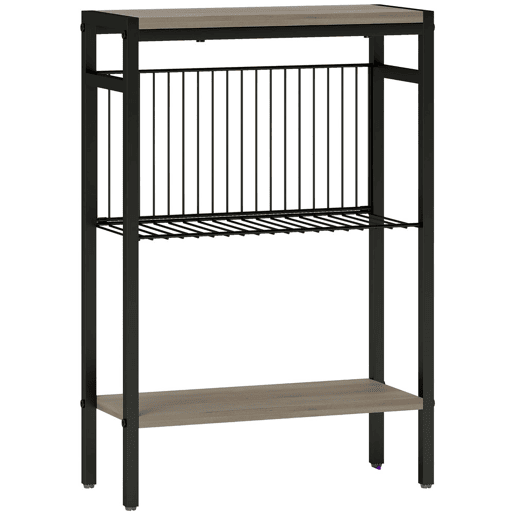 HOMCOM Mesa Auxiliar Estreita de 3 Níveis com Prateleiras Abertas e Estrutura de Aço para Sala e Quarto 43x18x62,5 cm Carvalho Envelhecido