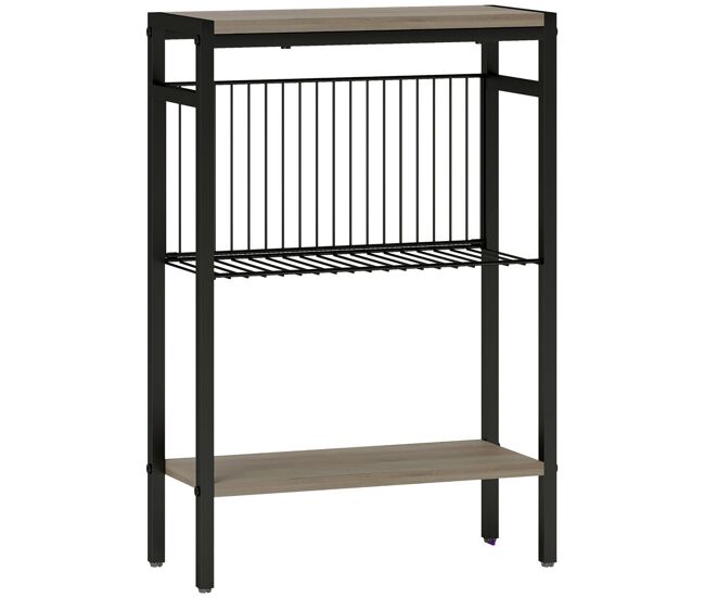 Homcom mesa auxiliar estrecha de 3 niveles mesita auxiliar industrial con estantes abiertos y estructura de acero para salón dormitorio 43x18x62,5 cm roble envejecido