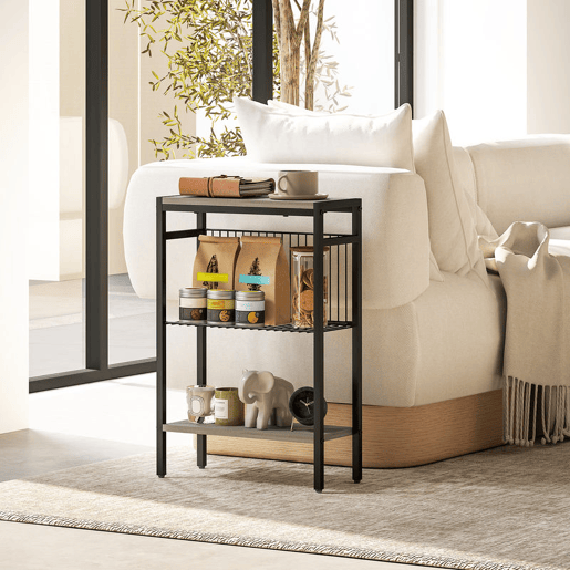 HOMCOM Mesa Auxiliar Estreita de 3 Níveis com Prateleiras Abertas e Estrutura de Aço para Sala e Quarto 43x18x62,5 cm Carvalho Envelhecido