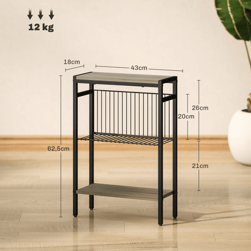 HOMCOM Mesa Auxiliar Estreita de 3 Níveis com Prateleiras Abertas e Estrutura de Aço para Sala e Quarto 43x18x62,5 cm Carvalho Envelhecido