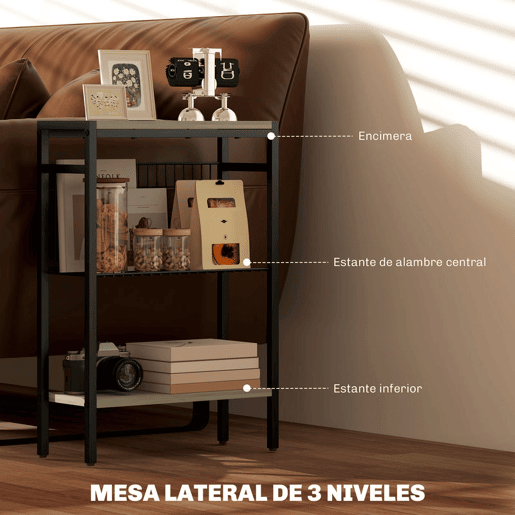HOMCOM Mesa Auxiliar Estreita de 3 Níveis com Prateleiras Abertas e Estrutura de Aço para Sala e Quarto 43x18x62,5 cm Carvalho Envelhecido