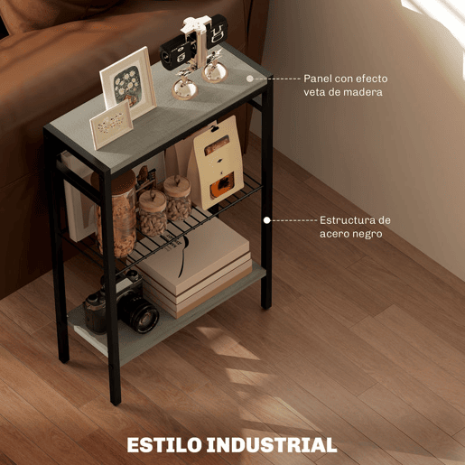 HOMCOM Mesa Auxiliar Estreita de 3 Níveis com Prateleiras Abertas e Estrutura de Aço para Sala e Quarto 43x18x62,5 cm Carvalho Envelhecido