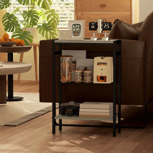 HOMCOM Mesa Auxiliar Estreita de 3 Níveis com Prateleiras Abertas e Estrutura de Aço para Sala e Quarto 43x18x62,5 cm Carvalho Envelhecido