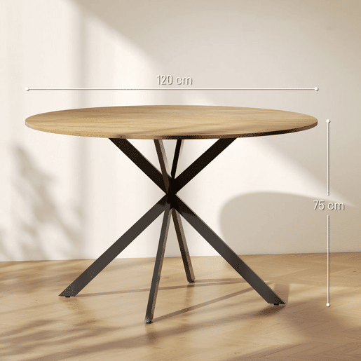 HOMCOM Mesa de Jantar Redonda para 4 Pessoas, Ø120x75 cm, Mesa de Cozinha Industrial com Estrutura de Aço, Carvalho