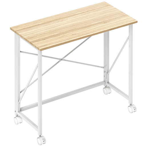 HOMCOM Secretária Dobrável com Rodas Mesa de Secretária Compacta Mesa para Computador Portátil para Casa Escritório Espaços Pequenos 80x40x75 cm Madeira e Branco
