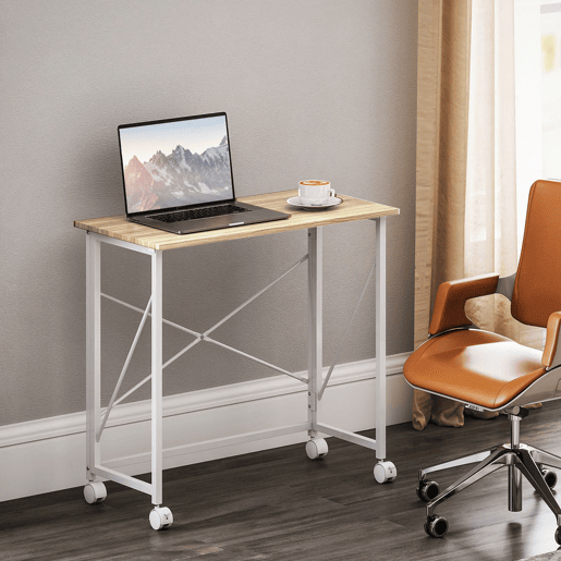 HOMCOM Secretária Dobrável com Rodas Mesa de Secretária Compacta Mesa para Computador Portátil para Casa Escritório Espaços Pequenos 80x40x75 cm Madeira e Branco