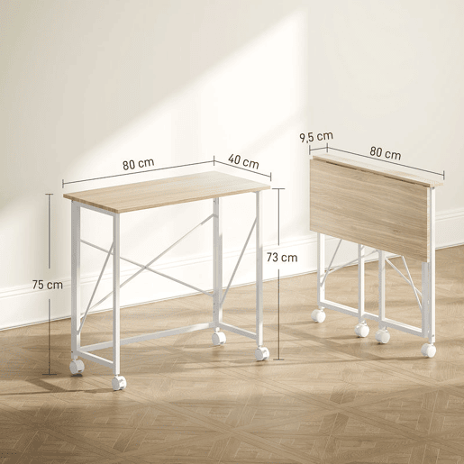 HOMCOM Secretária Dobrável com Rodas Mesa de Secretária Compacta Mesa para Computador Portátil para Casa Escritório Espaços Pequenos 80x40x75 cm Madeira e Branco
