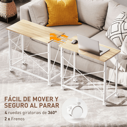 HOMCOM Secretária Dobrável com Rodas Mesa de Secretária Compacta Mesa para Computador Portátil para Casa Escritório Espaços Pequenos 80x40x75 cm Madeira e Branco