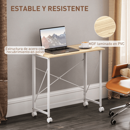 HOMCOM Secretária Dobrável com Rodas Mesa de Secretária Compacta Mesa para Computador Portátil para Casa Escritório Espaços Pequenos 80x40x75 cm Madeira e Branco