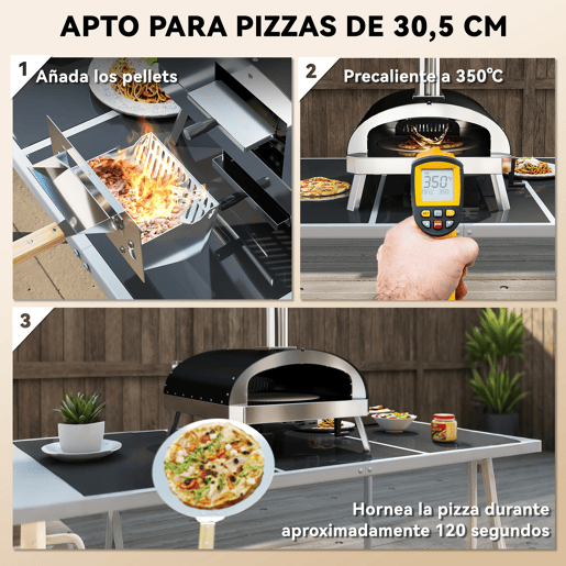 Outsunny Mini Forno de Pizza Exterior Portátil Forno a Lenha com Pedra Refratária Ø33 cm Pá Pegas de Madeira Termómetro e Bandeja Giratória para Jardim Varanda Campismo Pátio 84x47x82 cm Prata