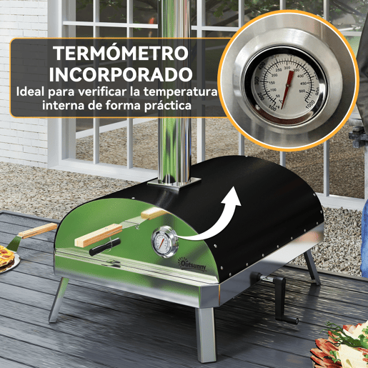 Outsunny Mini Forno de Pizza Exterior Portátil Forno a Lenha com Pedra Refratária Ø33 cm Pá Pegas de Madeira Termómetro e Bandeja Giratória para Jardim Varanda Campismo Pátio 84x47x82 cm Prata