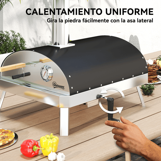 Outsunny Mini Forno de Pizza Exterior Portátil Forno a Lenha com Pedra Refratária Ø33 cm Pá Pegas de Madeira Termómetro e Bandeja Giratória para Jardim Varanda Campismo Pátio 84x47x82 cm Prata