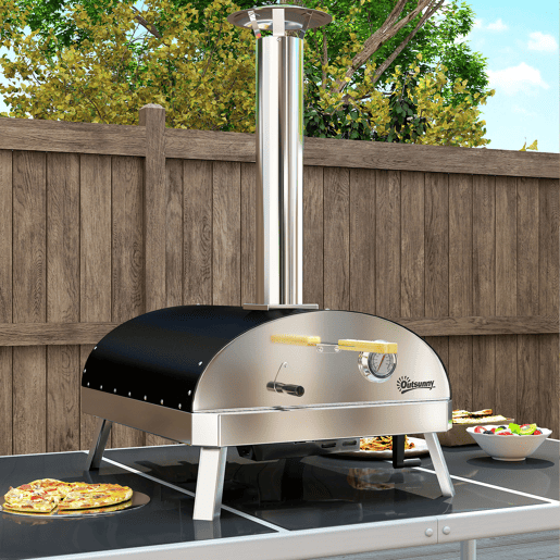 Outsunny Mini Forno de Pizza Exterior Portátil Forno a Lenha com Pedra Refratária Ø33 cm Pá Pegas de Madeira Termómetro e Bandeja Giratória para Jardim Varanda Campismo Pátio 84x47x82 cm Prata