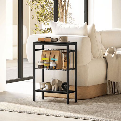 HOMCOM Mesa Auxiliar Estreita de 3 Níveis Mesinha Auxiliar Industrial com Prateleiras Abertas e Estrutura de Aço para Sala de Estar Quarto 43x18x62,5 cm Preto